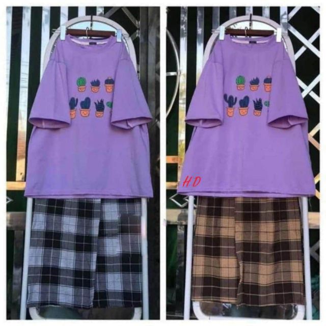 [Mã FASHIONT4WA2 giảm 10K đơn 50K] Sét áo phông chậu cây xương rồng+ quần kẻ